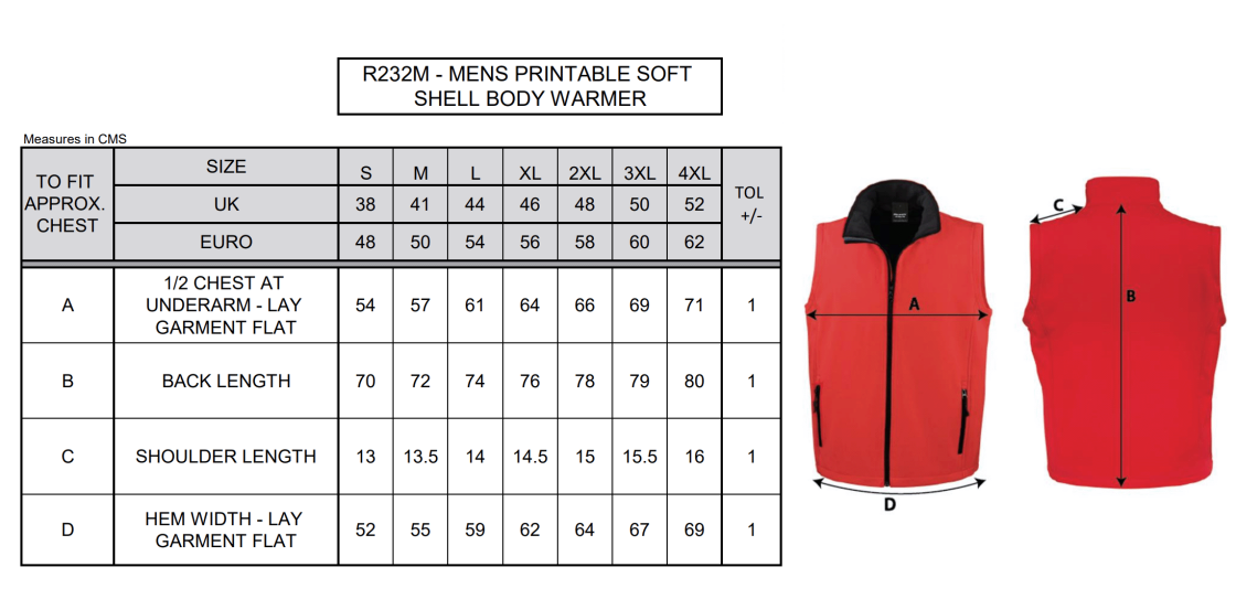 Core Printable Softshell Gilet Male: Black - Size Guide