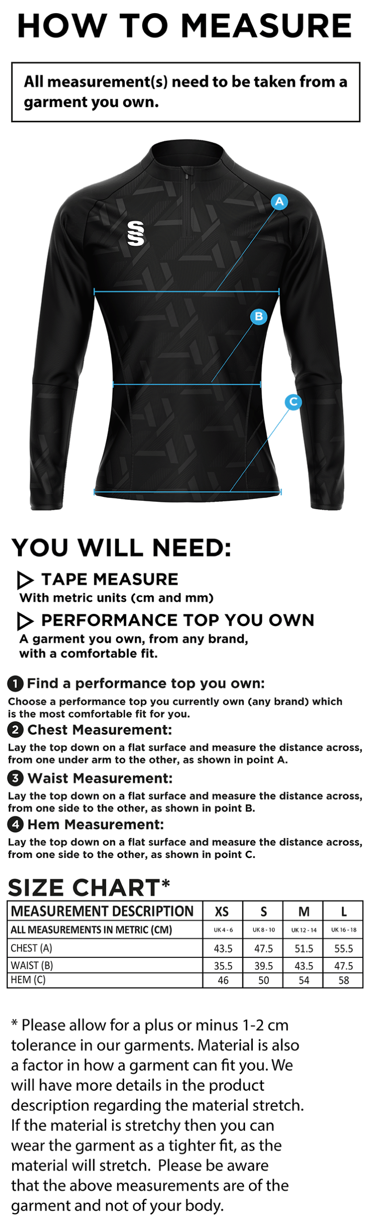 Tempo Performance Top - Black Red - Size Guide
