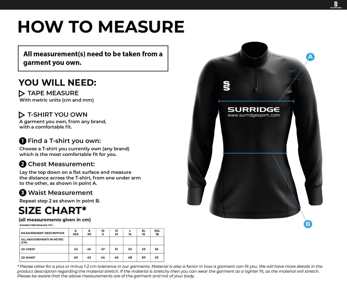 University of Bangor - Womens 1/4 Zip Performance Top (Text) - Size Guide