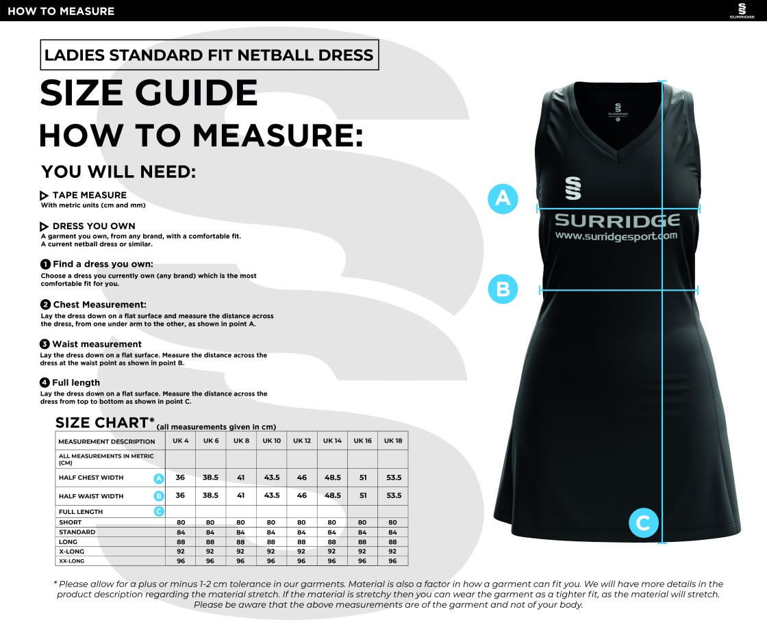 NETBALL DRESS STANDARD BACK STANDARD FIT - Size Guide
