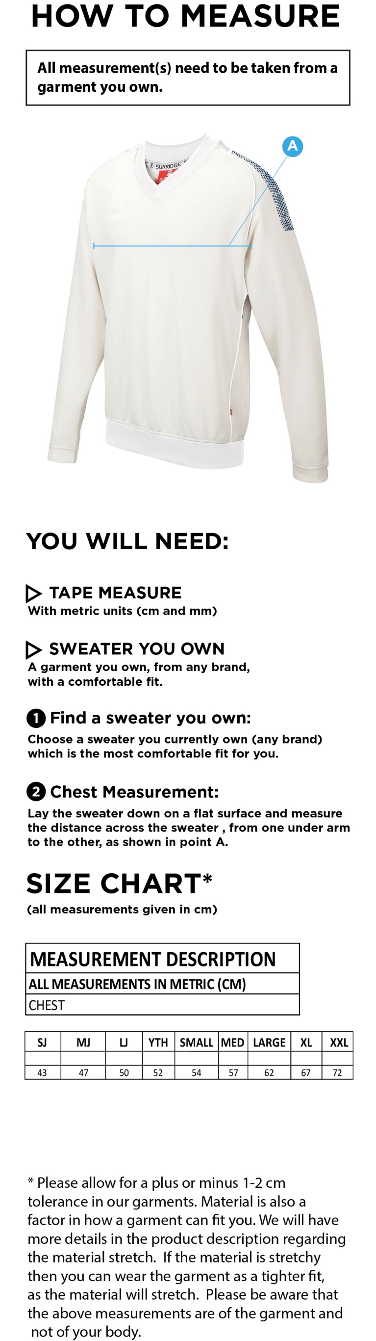 Blast Long Sleeve Cricket Sweater - Size Guide