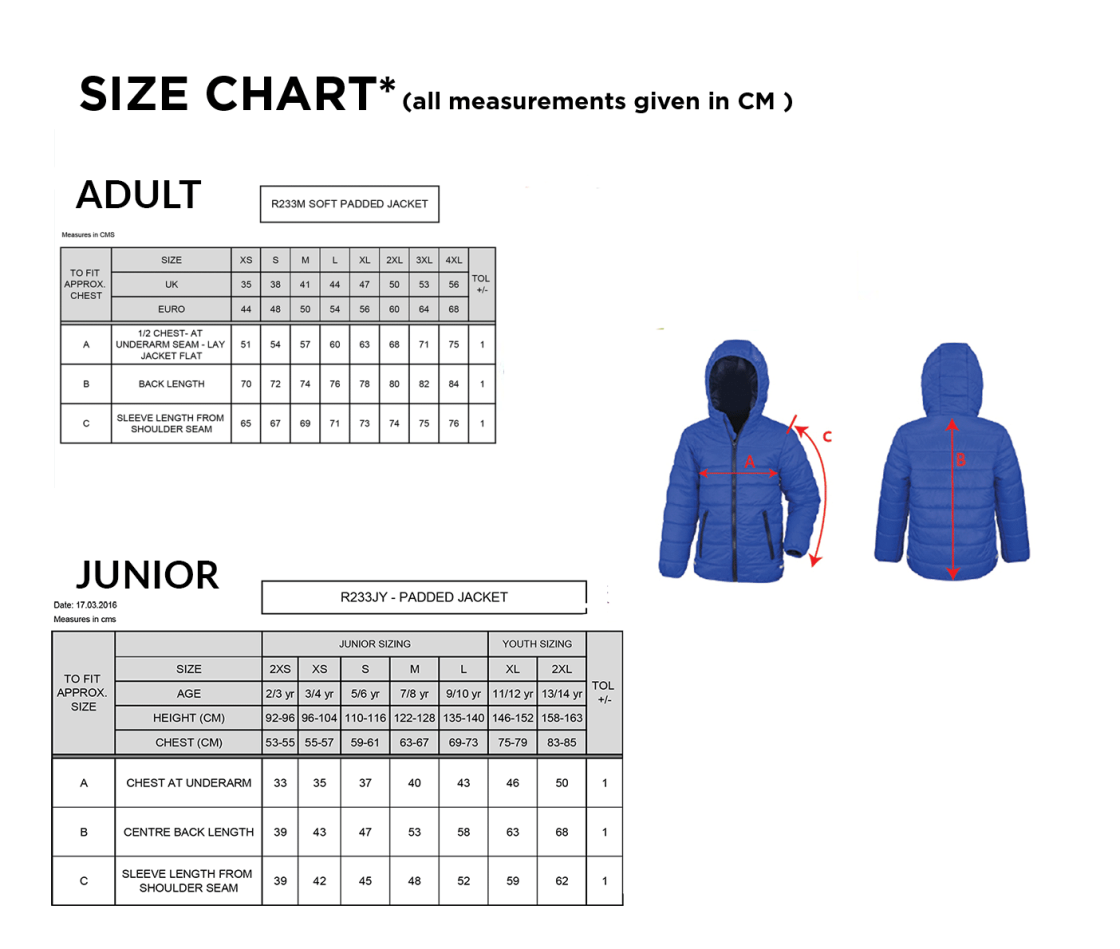 Supersoft Jacket : Black - Mens & Junior - Size Guide