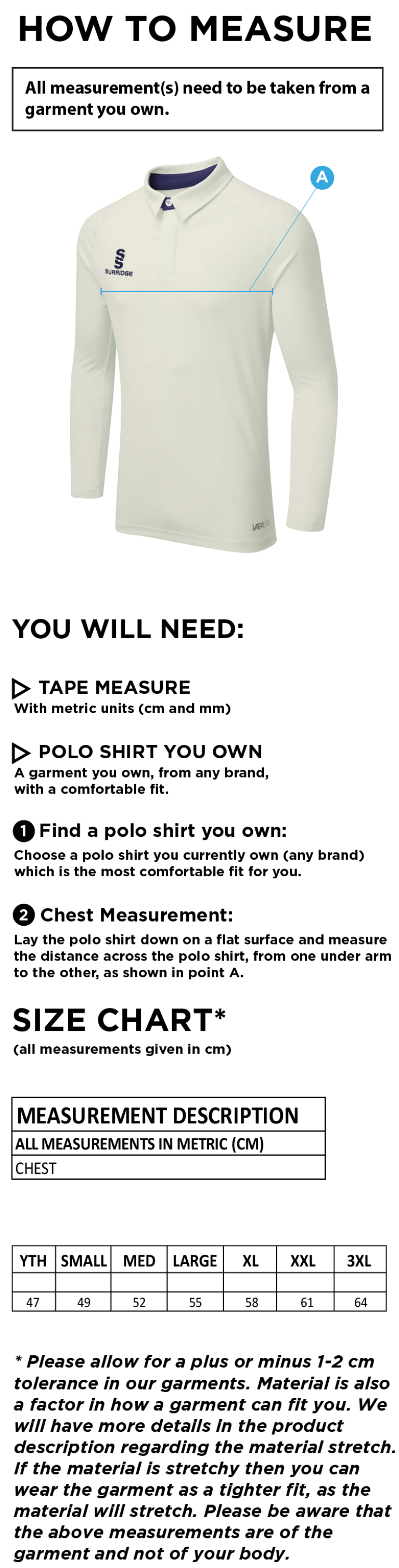 Ergo Long Sleeve Cricket Shirt Navy - Size Guide