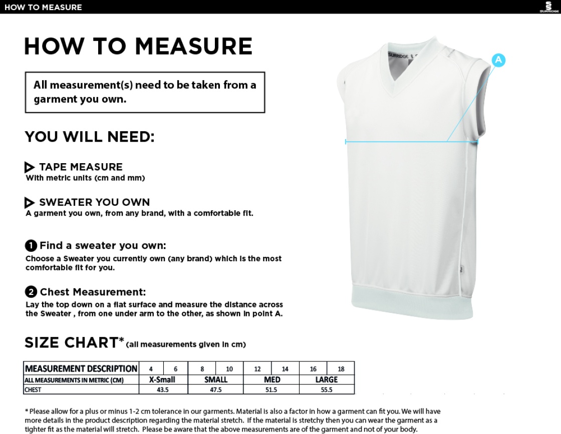 Blast Sleeveless Cricket Sweater - Size Guide