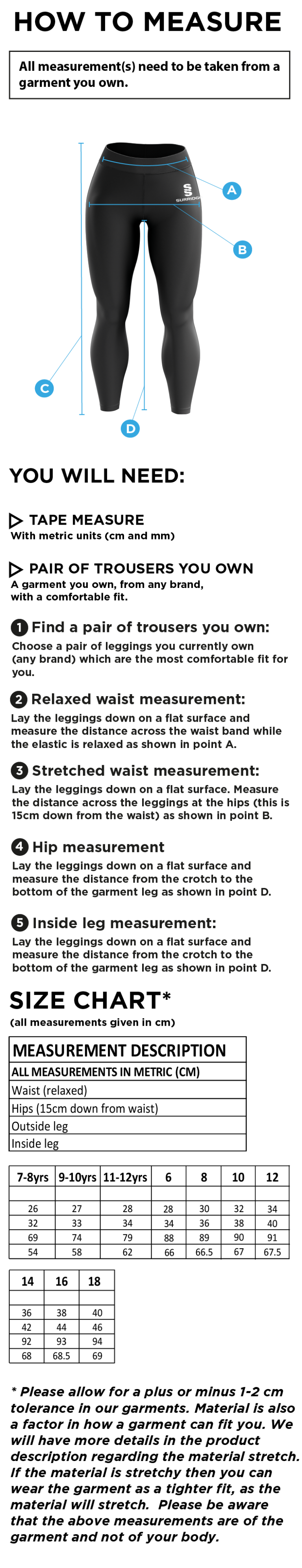 Performance Full Length Leggings : Navy - Size Guide