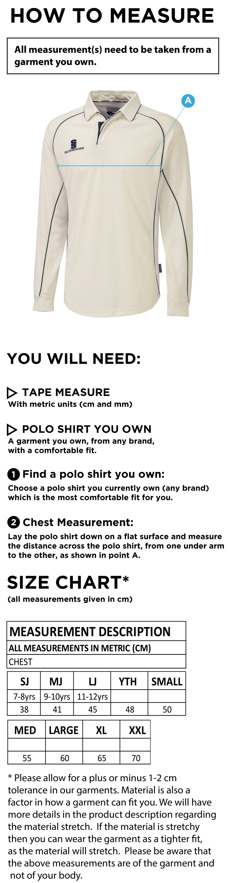 Long Sleeve Shirt White Trim - Size Guide