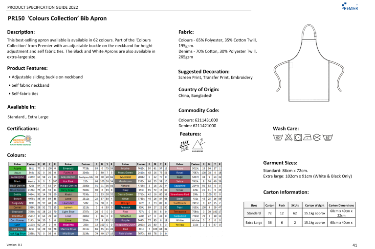 Bib Apron - Size Guide