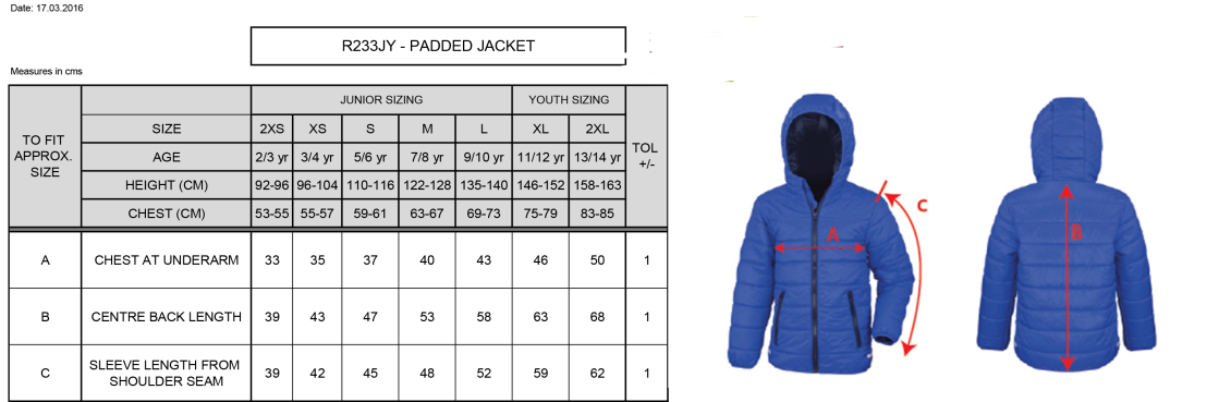 Supersoft Padded Jacket Youth: Black/Orange - Size Guide