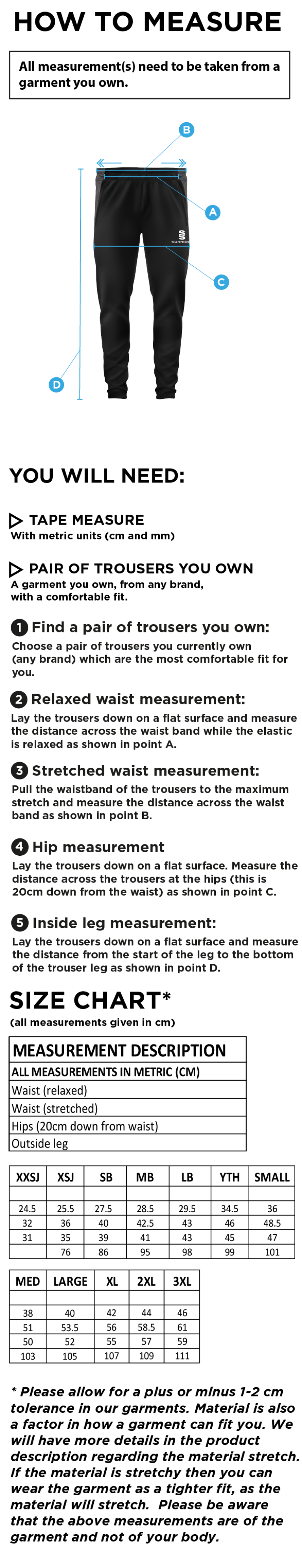 Tek Slim Training Pants : Black - Size Guide