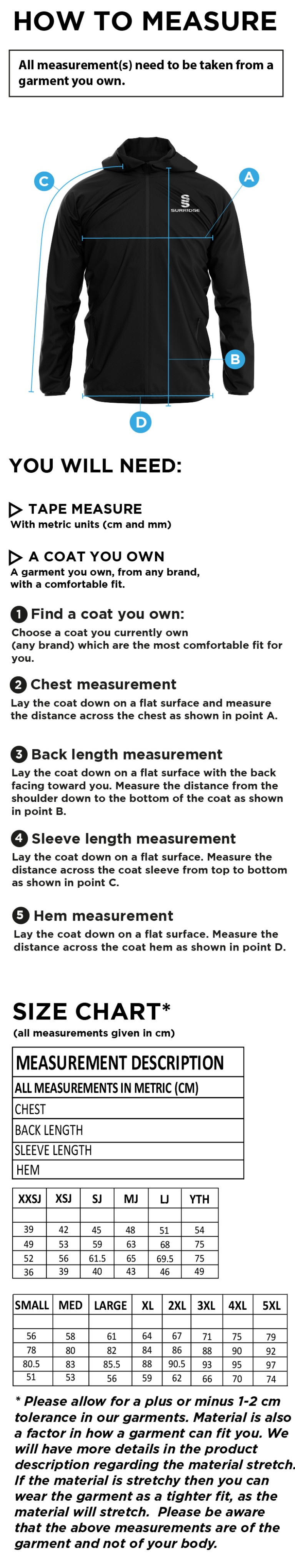 Dual Full Zip Training Jacket - Size Guide