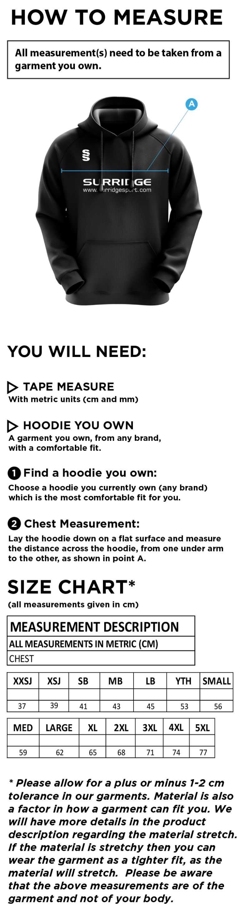 Bangor Overhead Hoodie - Size Guide