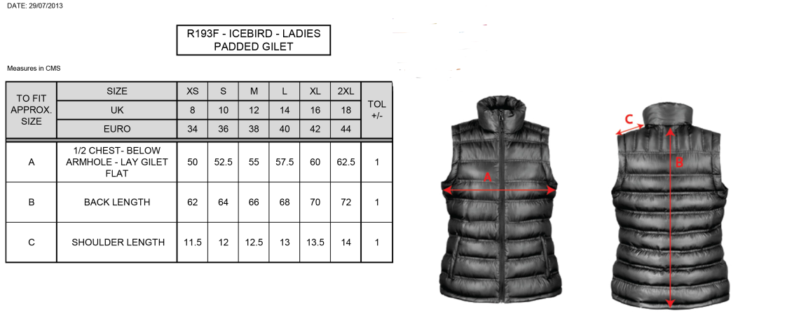 Women's Padded Gilet : Orange - Size Guide