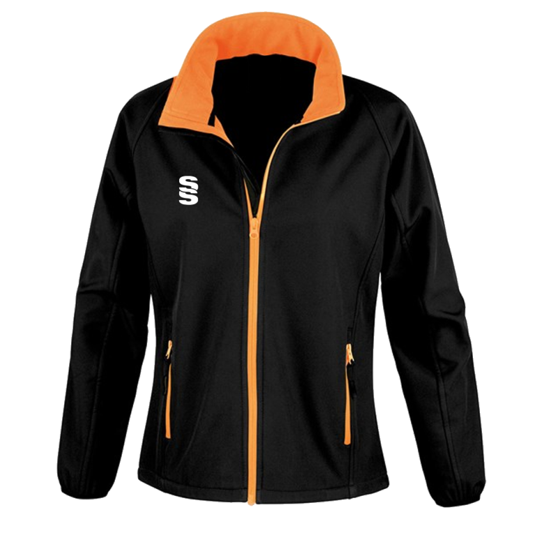 Female Core printable softshell jacket - Black Orange