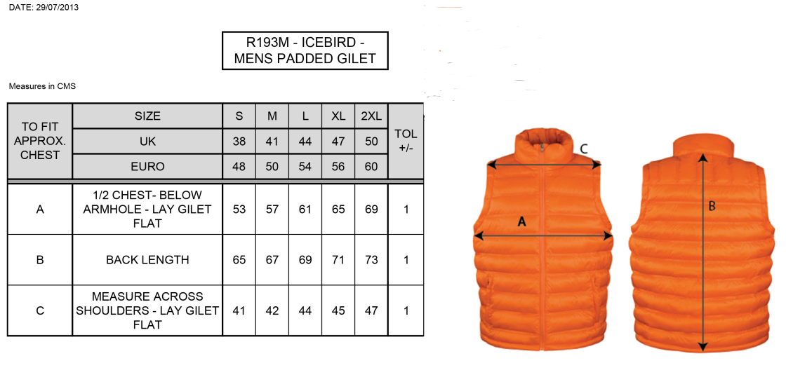 Padded Gilet : Black - Size Guide
