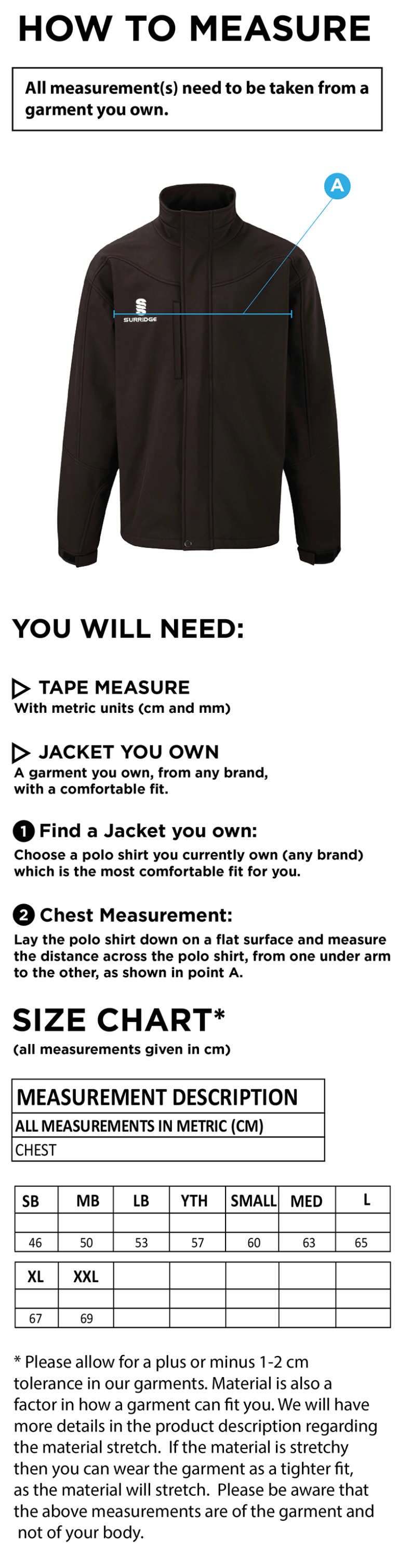 Softshell Bonded Jacket Black - Size Guide