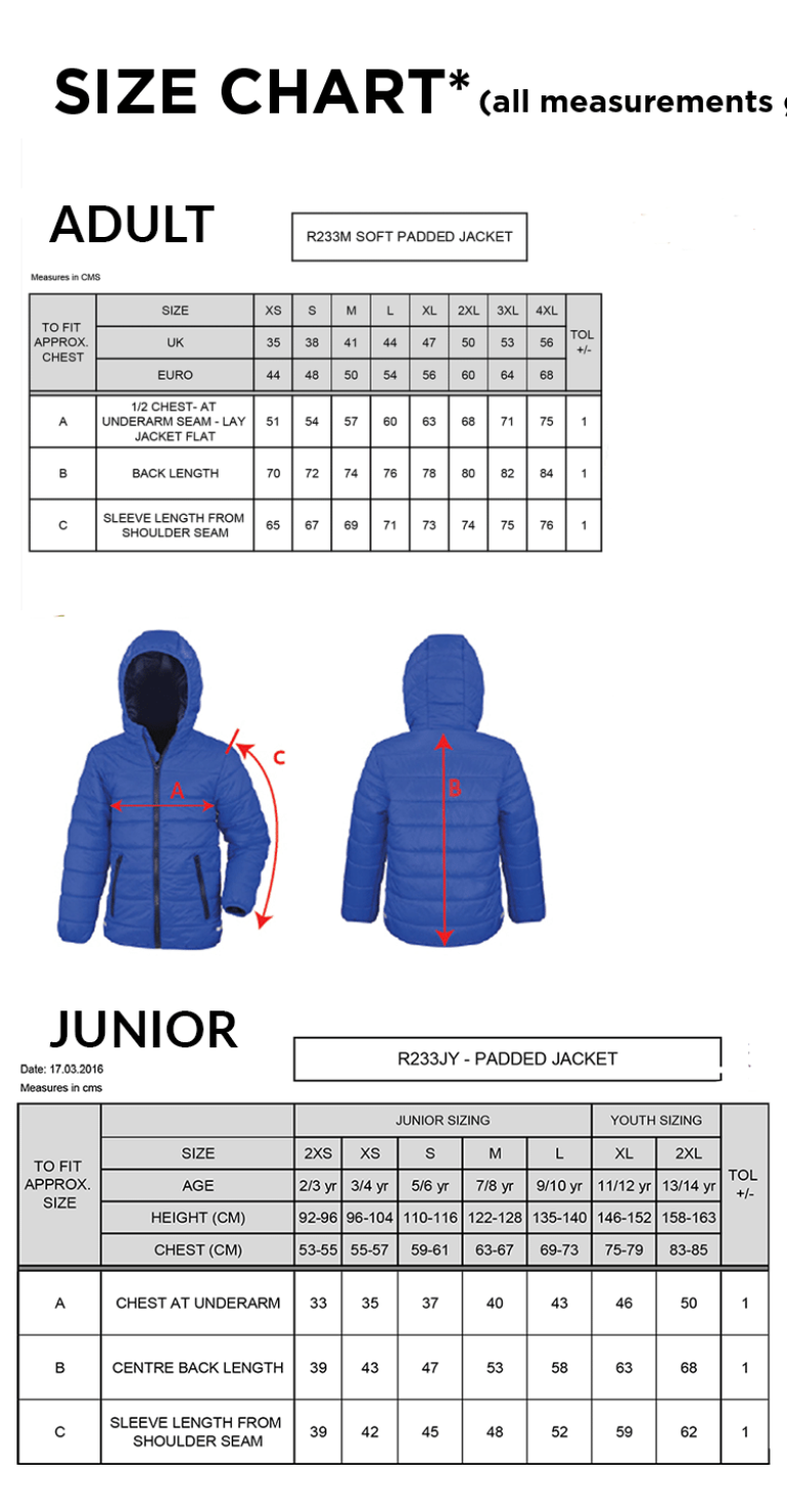 Supersoft Jacket : Black - Mens & Junior - Size Guide