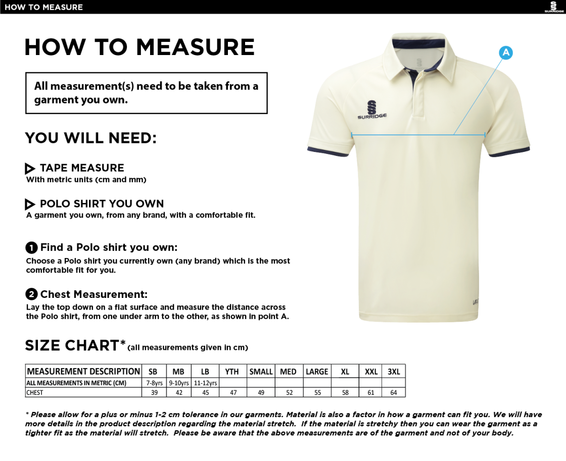 Ergo Cricket Shirt - Short Sleeve : Maroon Trim - Size Guide