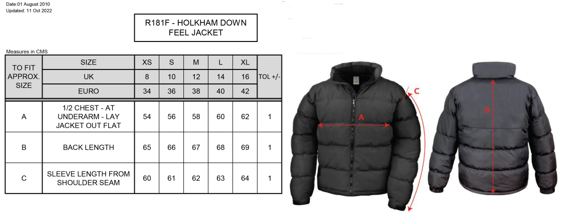Women's Holkham Down Feel Jacket : Black - Size Guide