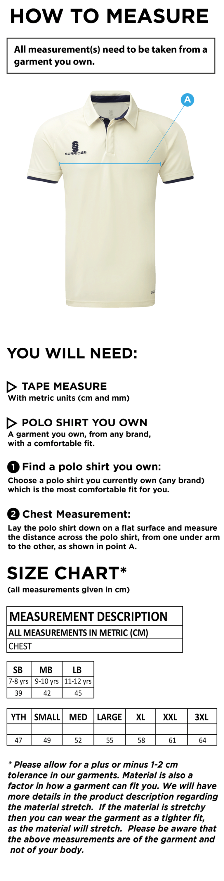Ergo Cricket Shirt - Short Sleeve : Navy Trim - Size Guide
