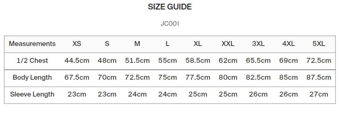 COOL T - Size Guide