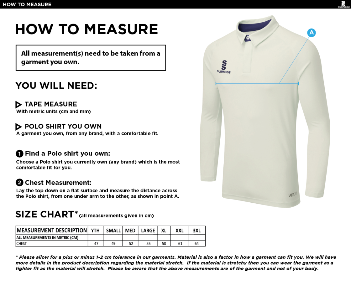 FUSE LONG SLEEVE CRICKET SHIRT - Mens / Juniors - Size Guide