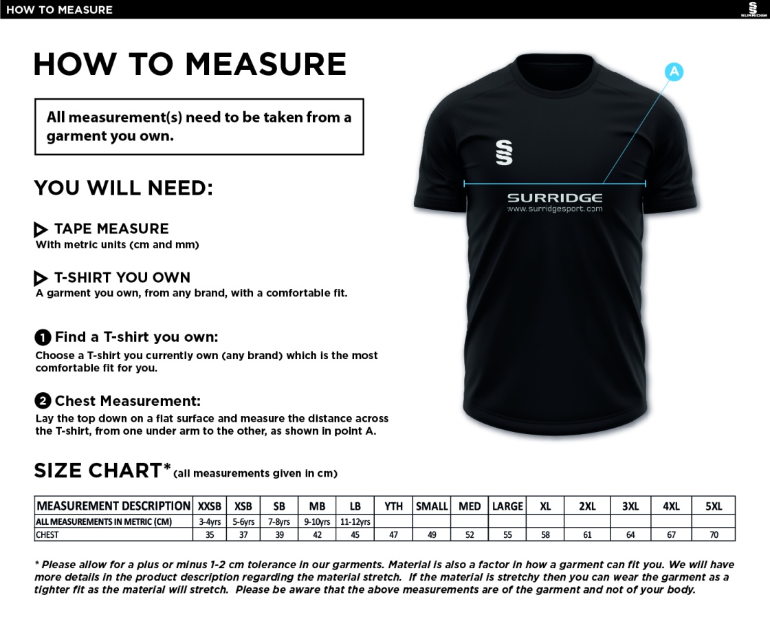 Blade Training Shirt : Black / White - Size Guide