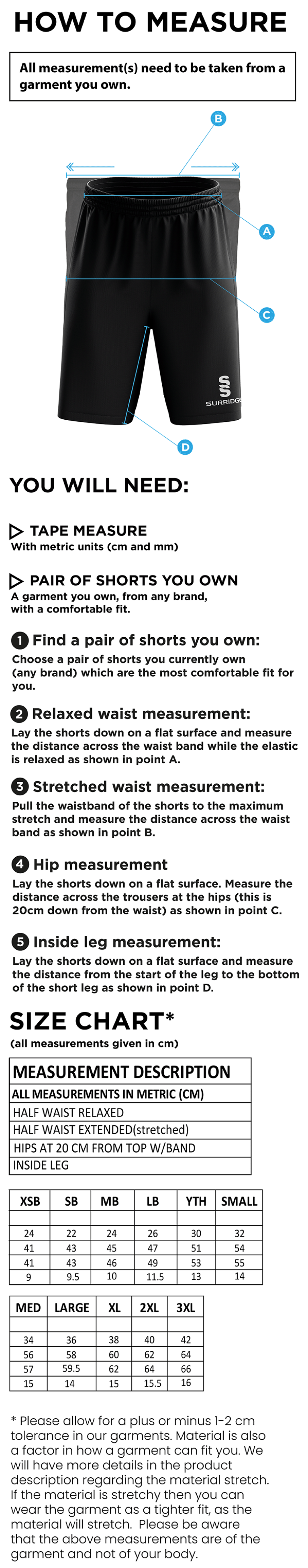 Classic Short Red / White - Size Guide