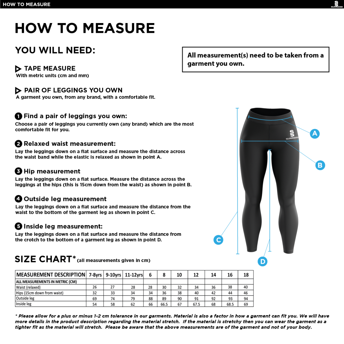 Youth's Performance Full Length Leggings : Black - Size Guide