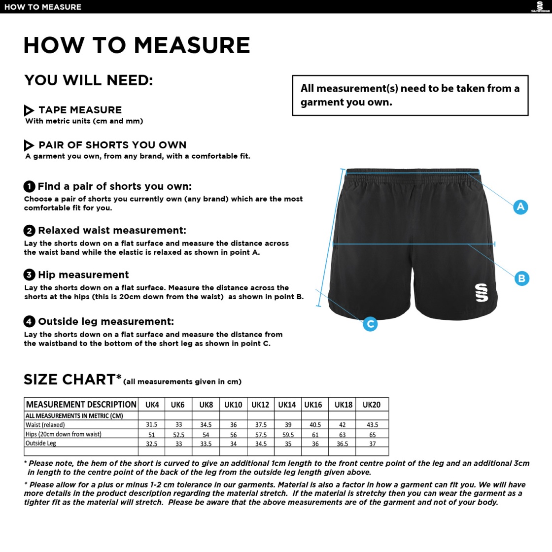 Performance Gym Short Womens - Black - Size Guide