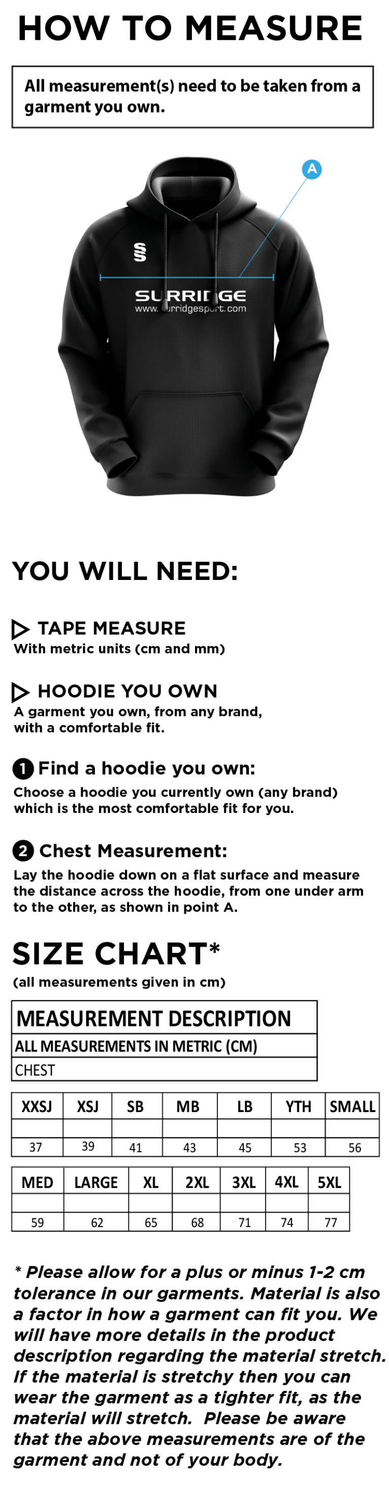 Blade Hoody : Black / White - Size Guide