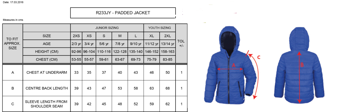 Supersoft Padded Jacket Youth: Navy - Size Guide