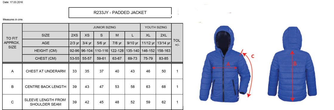 Supersoft Padded Jacket Youth: Black/Orange - Size Guide