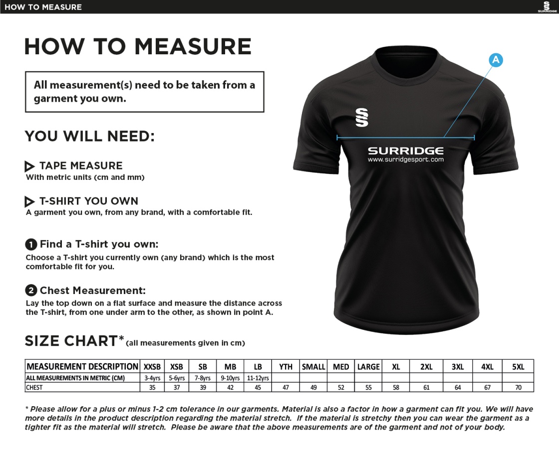 Fuse Training Shirt : Black / White - Size Guide