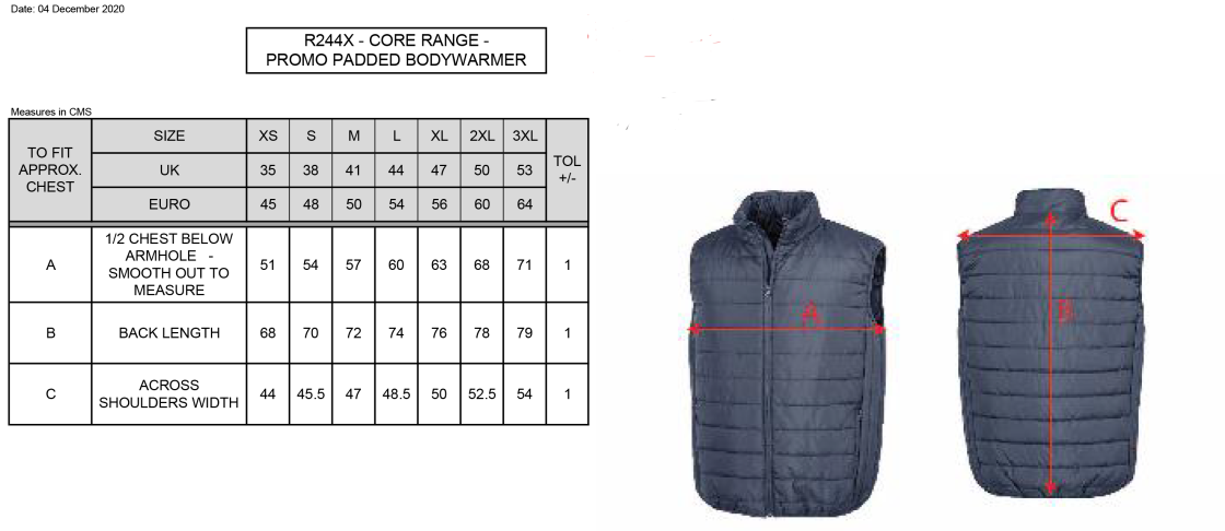 Padded Bodywarmer : Grey - Size Guide