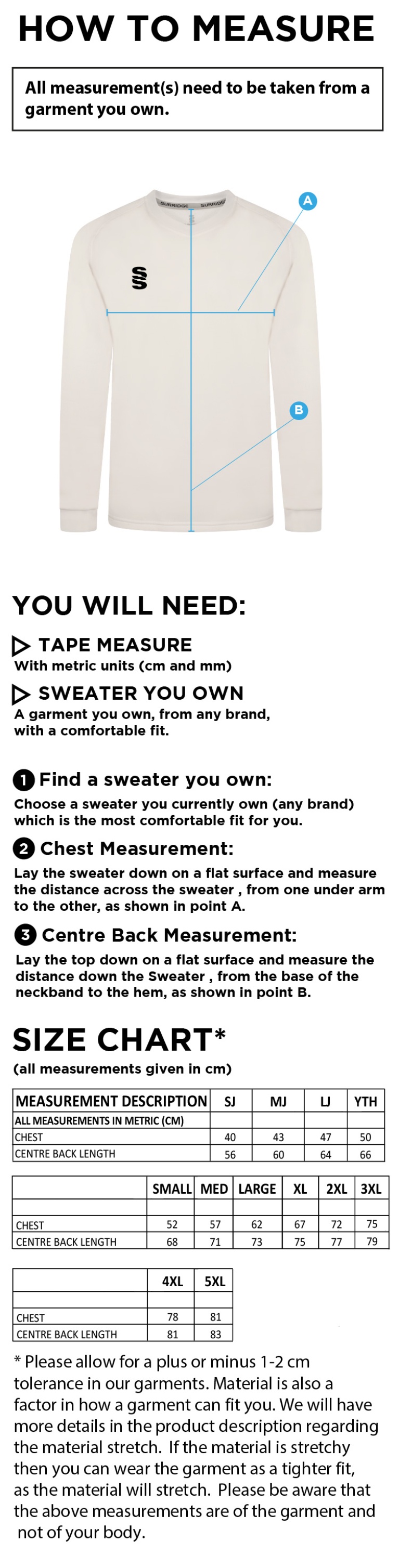 CRICKET SWEATER L/S FAST TRACK - Size Guide