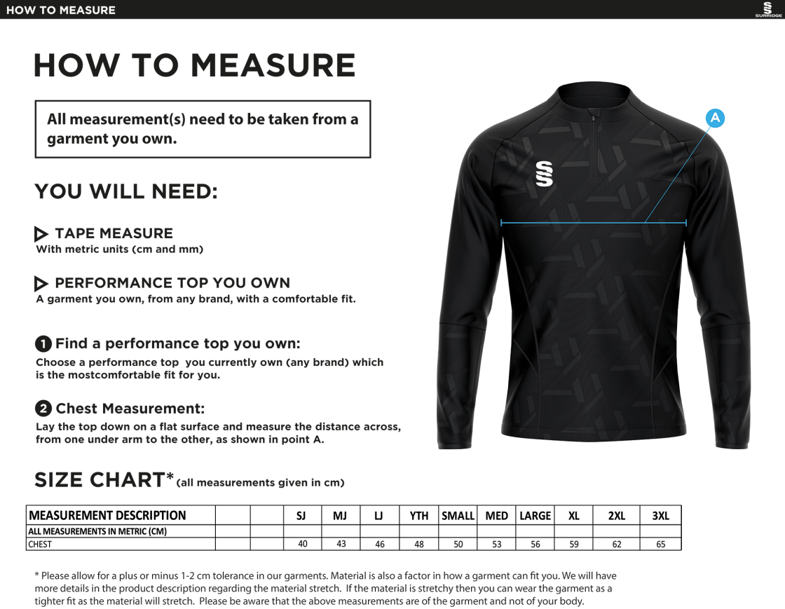 Impact 1/4 Zip Performance Top : Royal - Size Guide