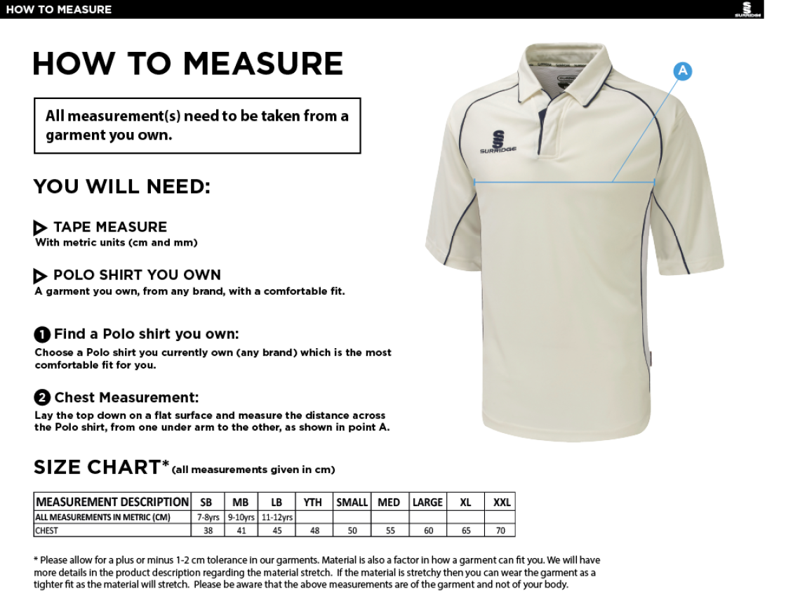Premier Cricket Shirt - Short Sleeve Navy - Size Guide