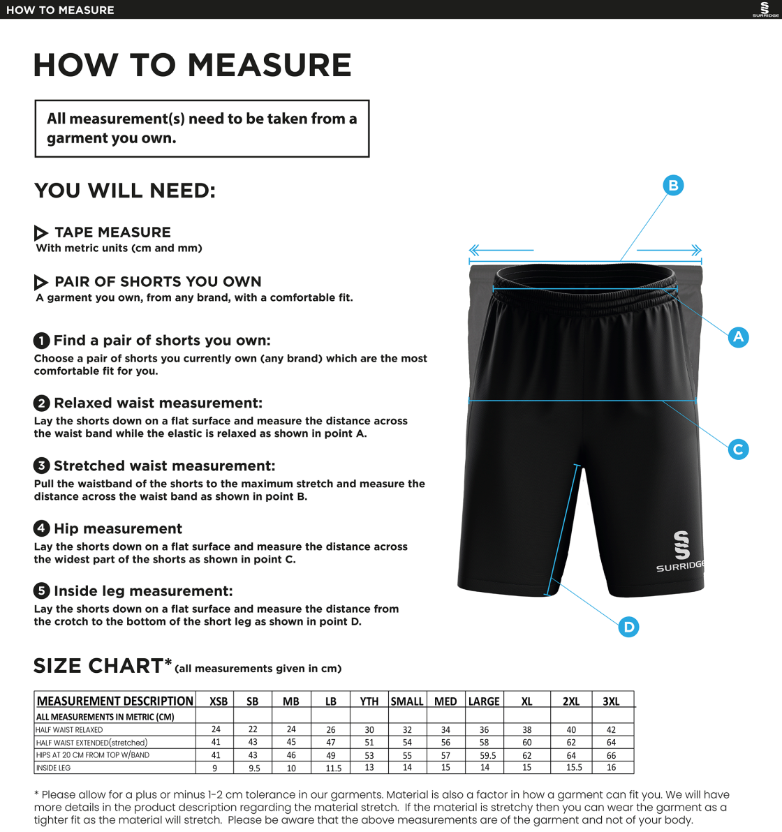 Classic Short Red / White - Size Guide