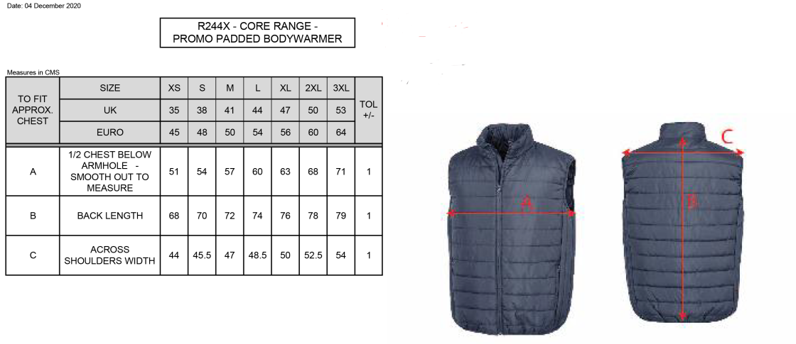 Padded Bodywarmer : Grey - Size Guide