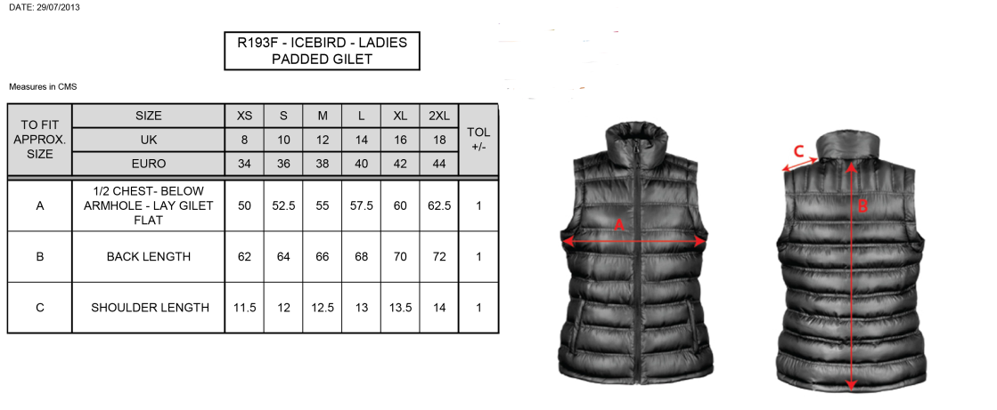 Women's Padded Gilet : Black - Size Guide