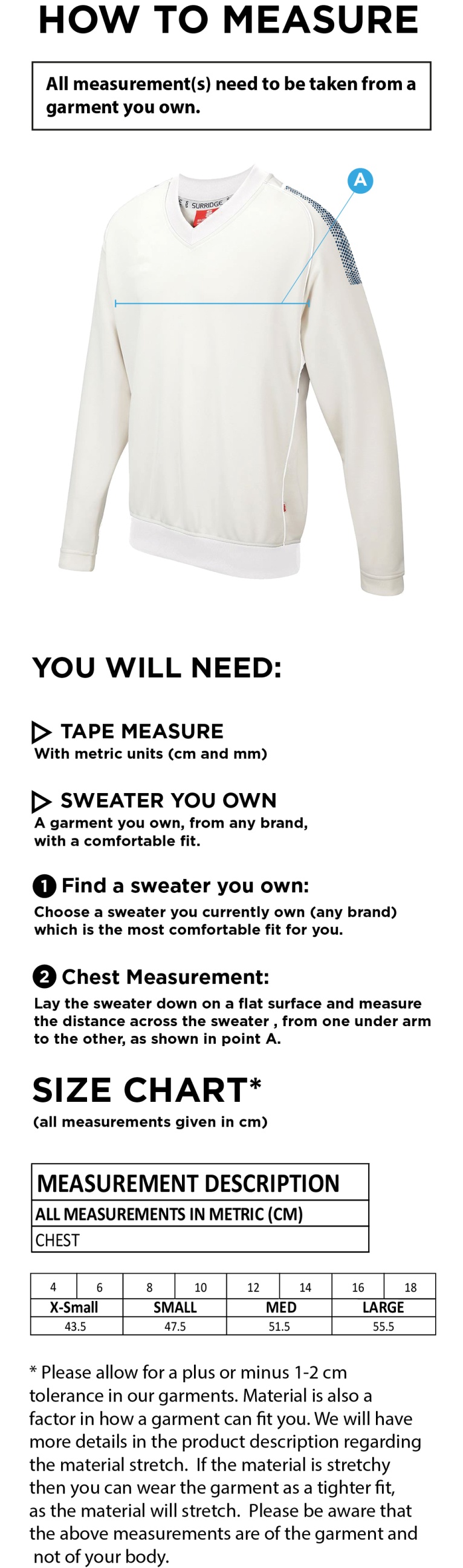 Blast Long Sleeve Cricket Sweater - Size Guide
