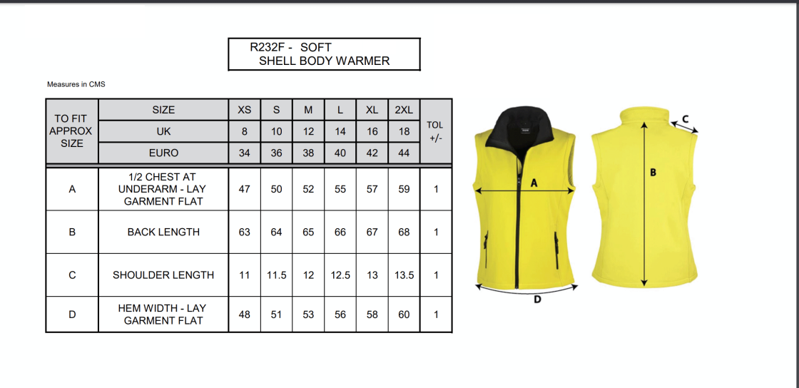 Core Printable Softshell Gilet Female: Black/Orange - Size Guide