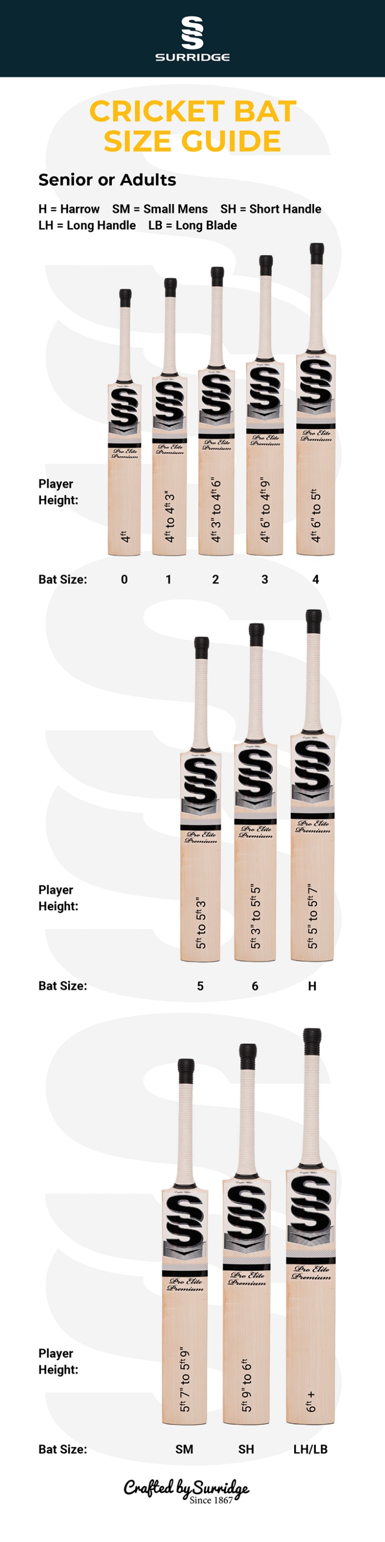 TURBO 333 RETRO BATS - Short Handle Grade 3 - Size Guide