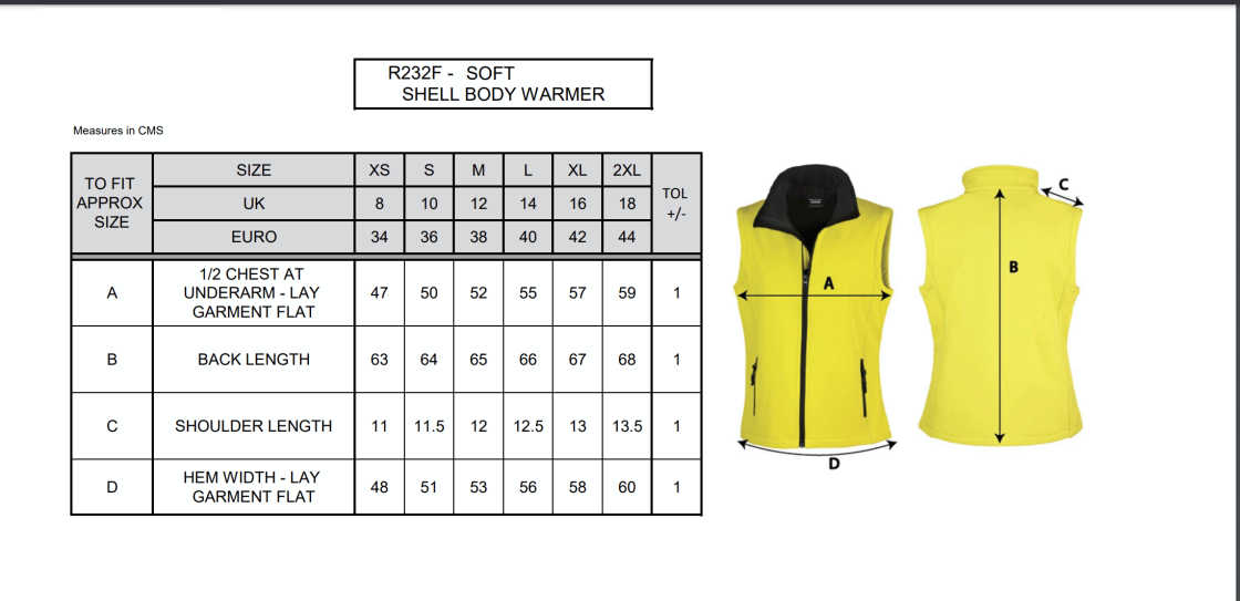 Core Printable Softshell Gilet Female: Vivid Green - Size Guide