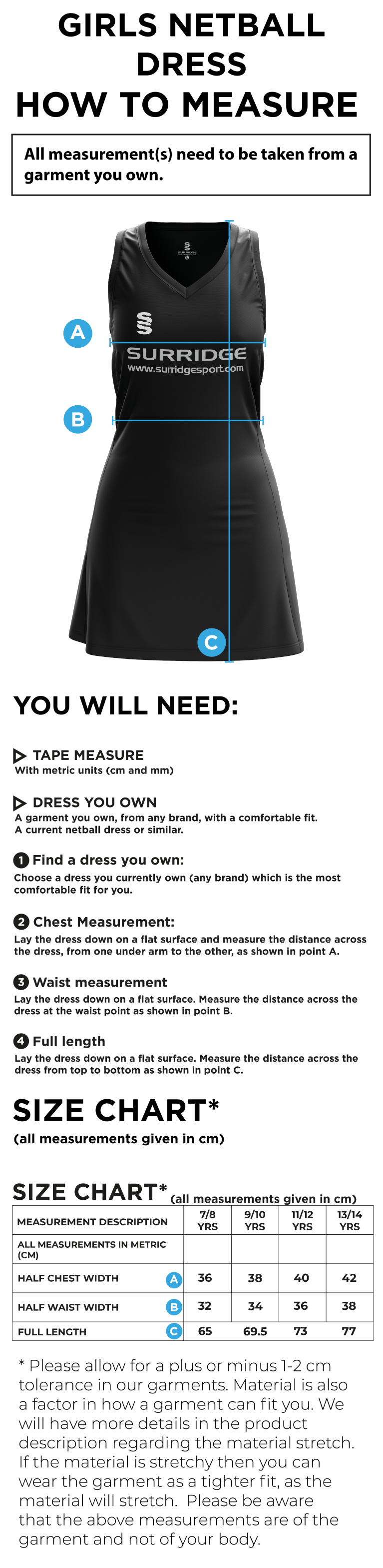 NETBALL DRESS STANDARD BACK - JUNIOR - Size Guide