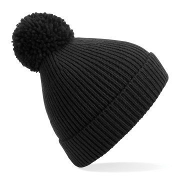 Engineered Knit Ribbed Pom Pom Beanie : Black