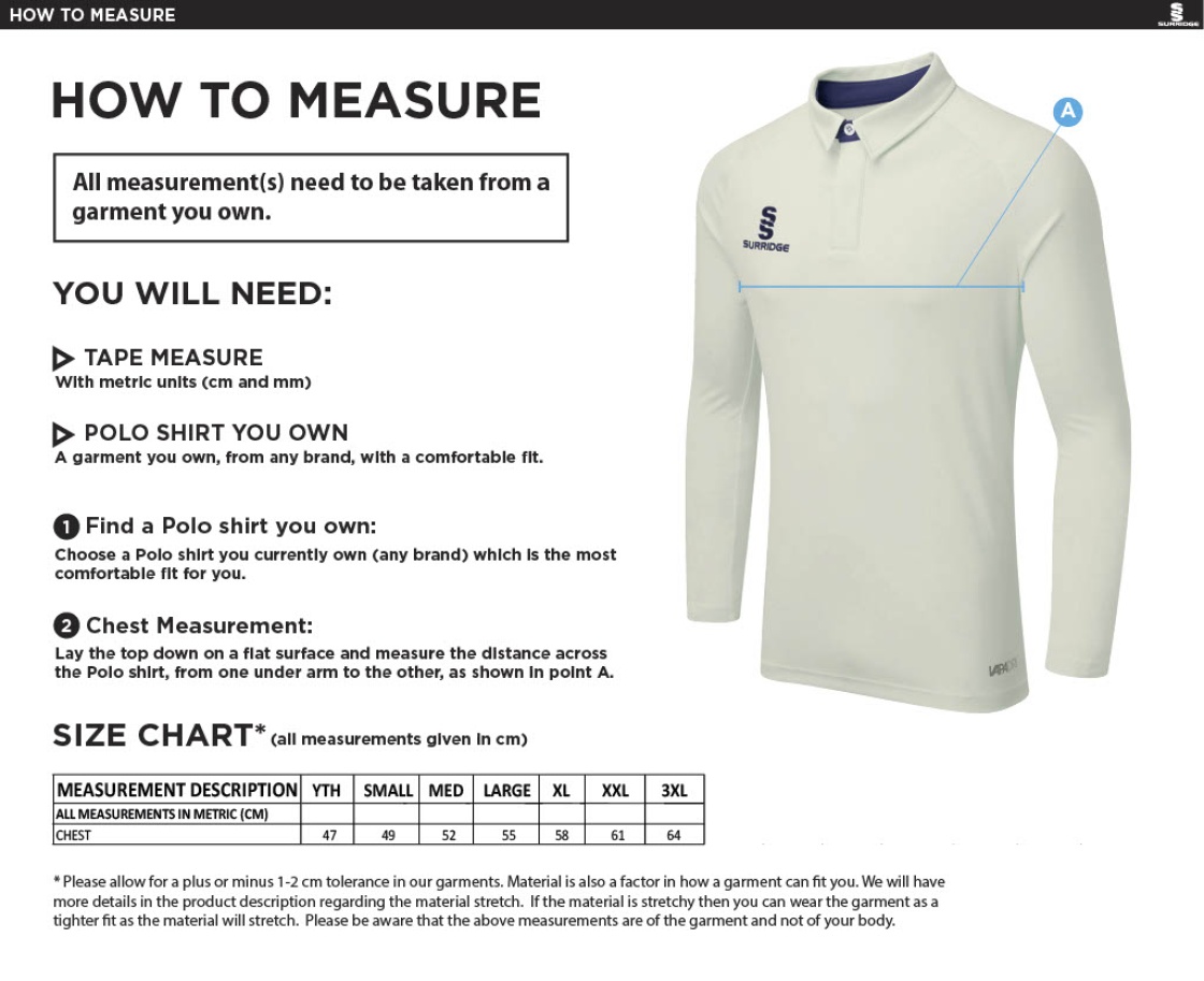 Ergo Long Sleeve Cricket Shirt White - Size Guide