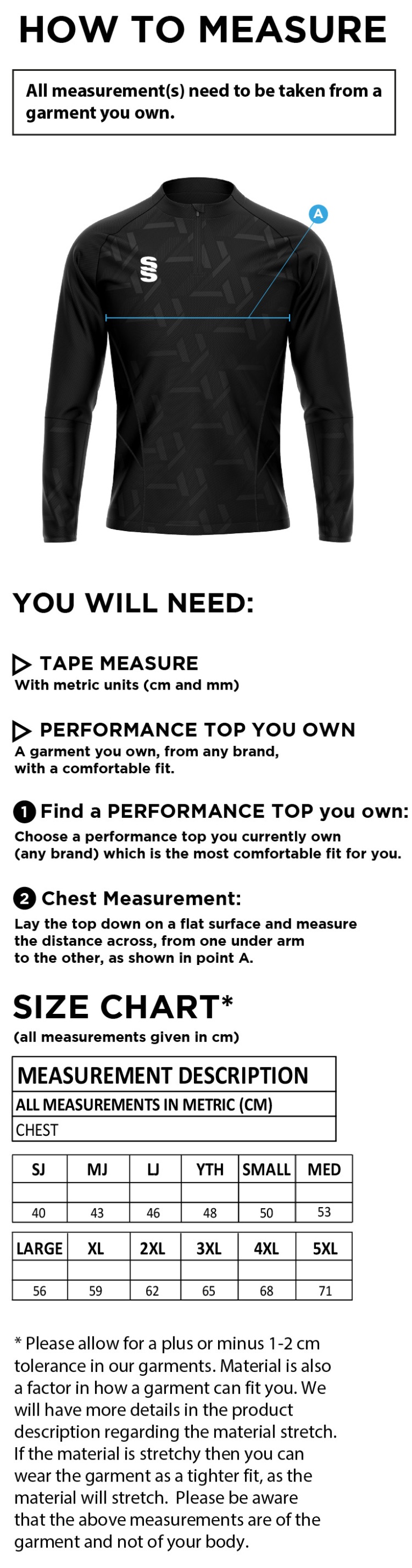 VOLT 1/4 ZIP PERFORMANCE TOP - Size Guide