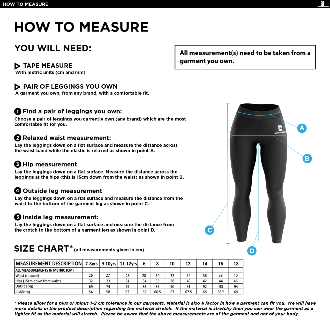 Performance Full Length Leggings : Navy - Size Guide