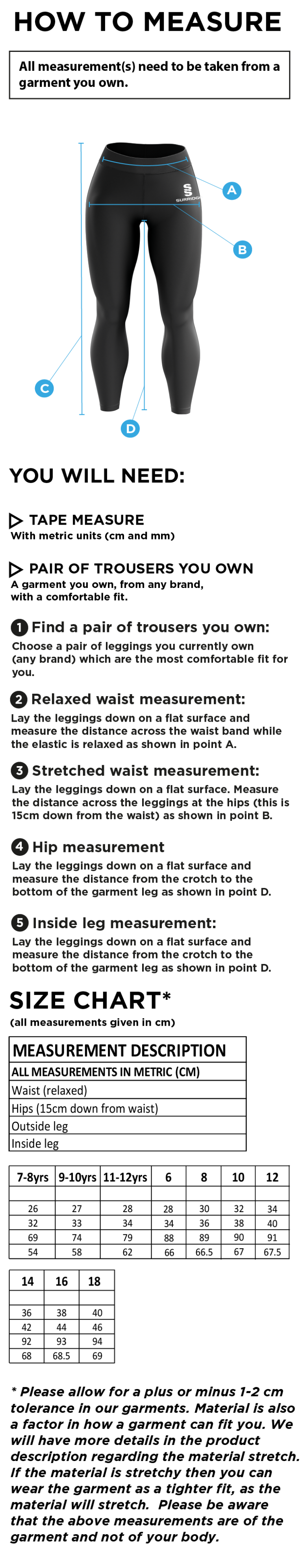 Performance Full Length Leggings : Black - Size Guide